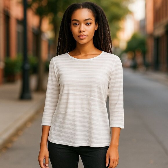 Dana Buchman Womens Size Large Blouse White Ruffle Striped Mesh 3/4 Sleeve Top - Picture 1 of 10